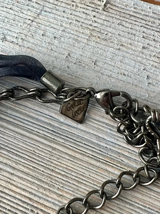 Cookie Lee Navy Ribbon Gunmetal Chain Crystal Dangle Beaded Necklace - Picture 4 of 12